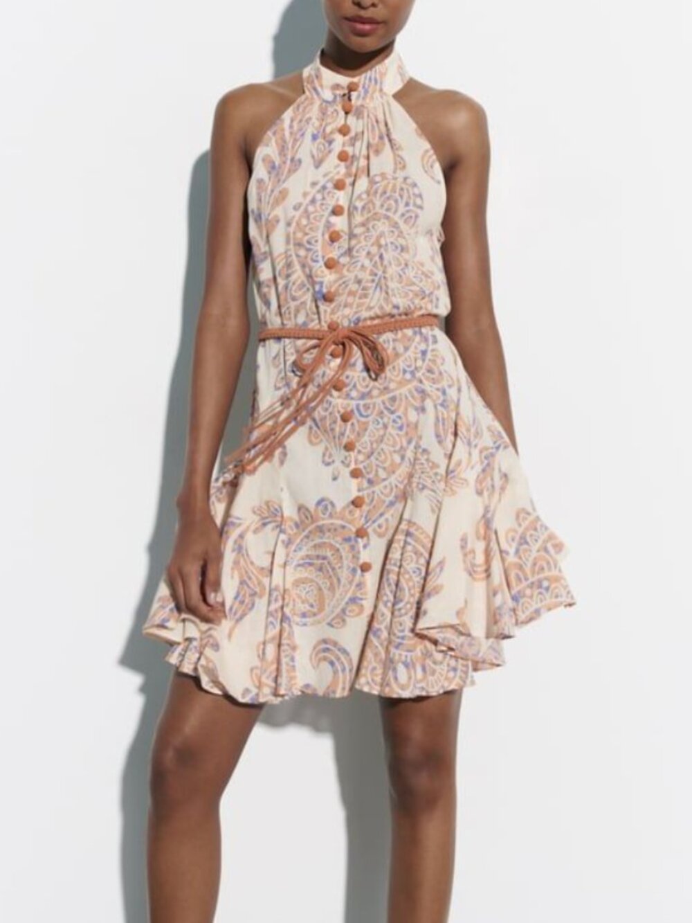 Zara Cream Paisley Halter Dress with Tan Belt